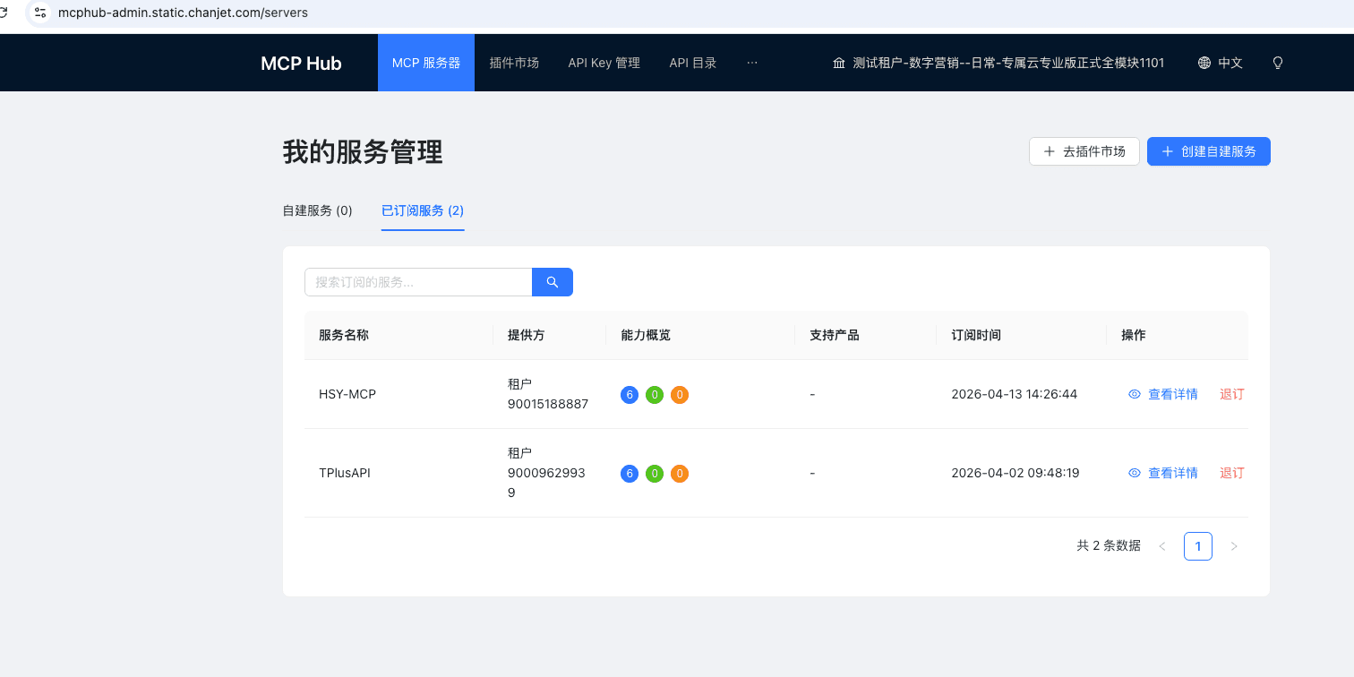 在 MCP Hub 的已订阅服务中退订 MCP