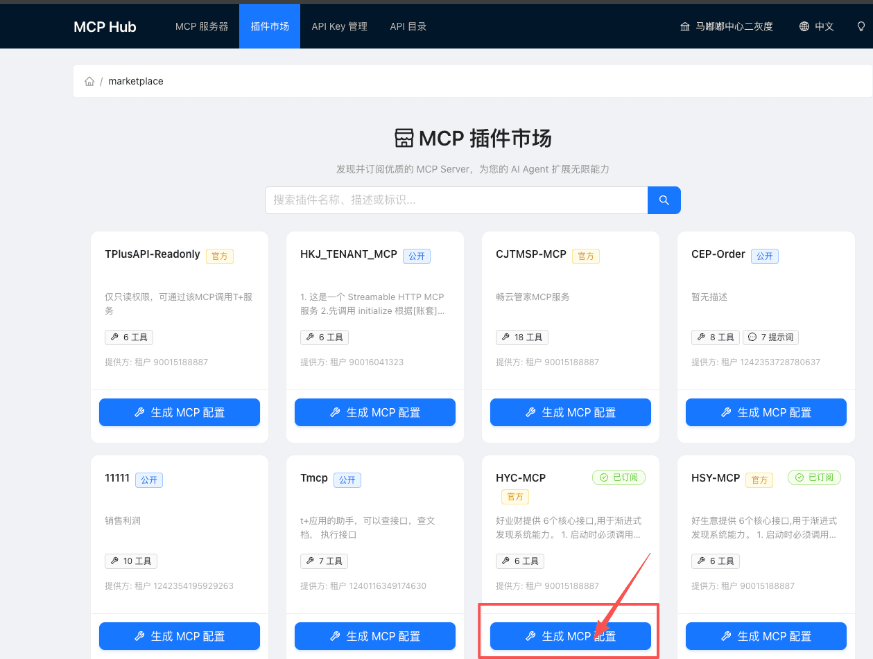 选择产品 MCP 并生成配置