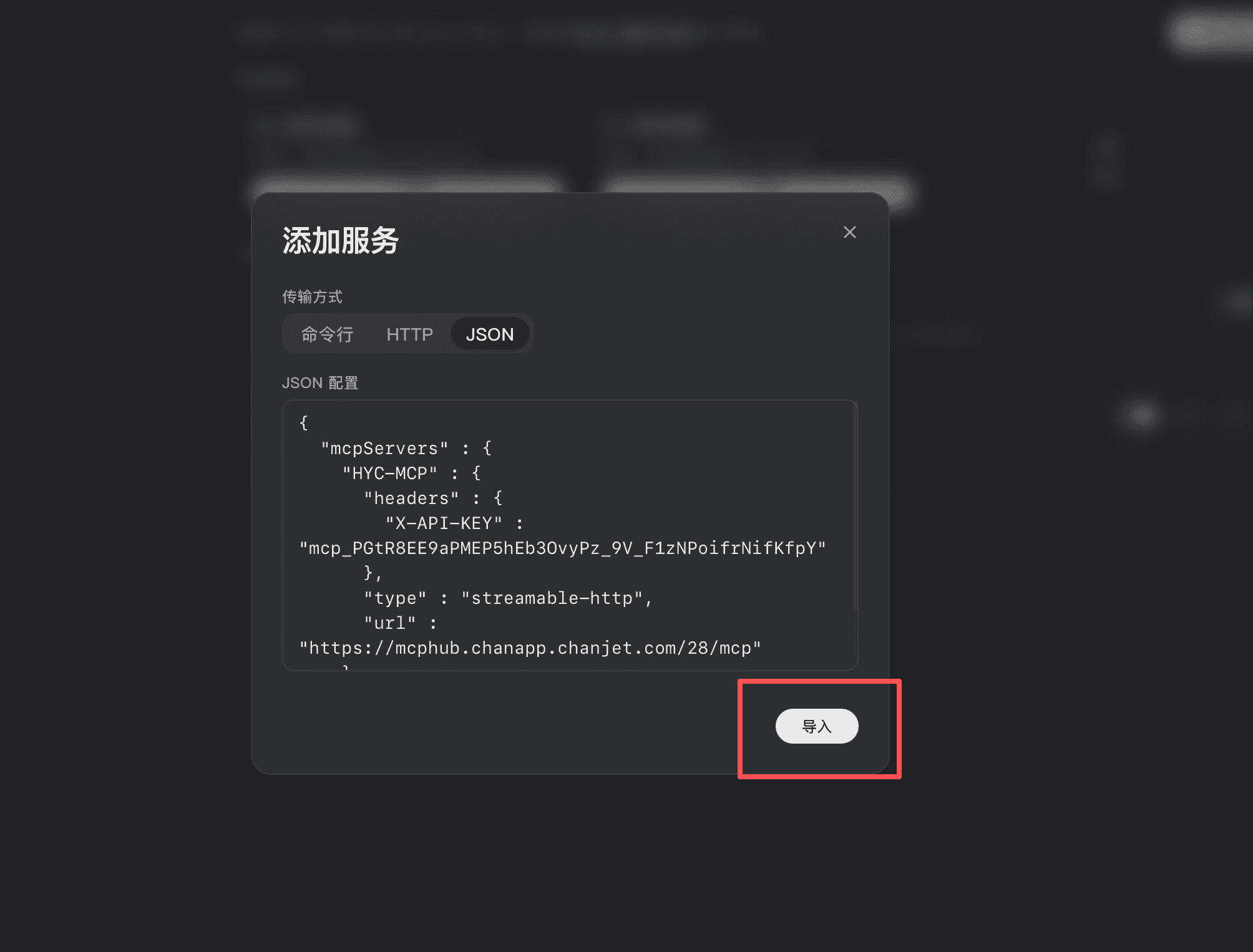 粘贴 JSON 配置并确认